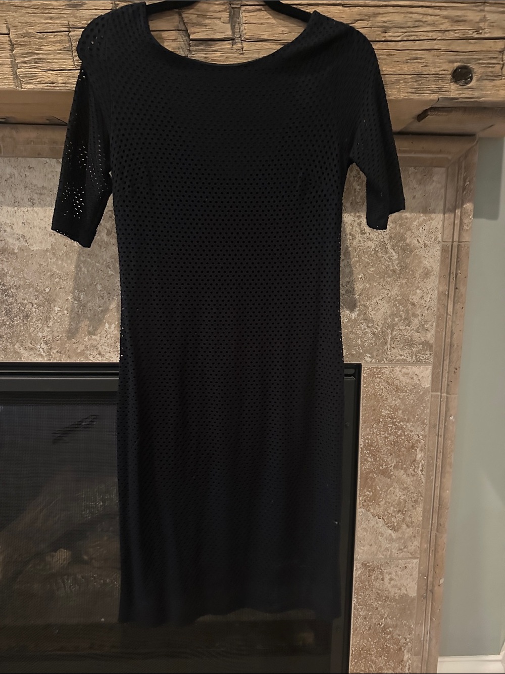 Banana Republic Black Short-Sleeve Perforated Knit Mini-Midi Dress